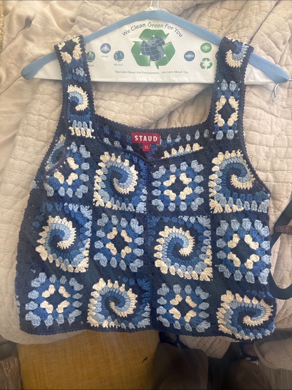 STAUD Navy and Light Blue Crochet Patchwork Tank